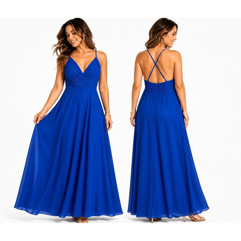 David's Bridal Gown Size 4 Horizon Blue Pleated V-Neck Maxi Dress Bridesmaid